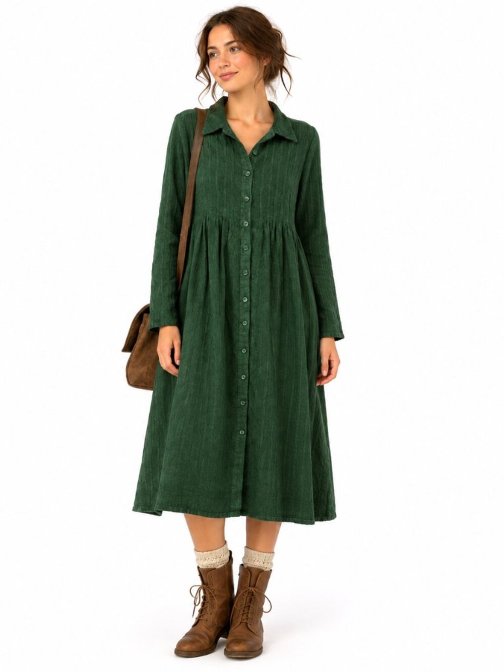 Vermont Country Store Corduroy Dress Womens XLP Green Pintuck Cotton Cottagecore